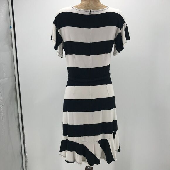 LOFT Dress Womens 2 Black Ivory Wide Stripe Flutter Sleeve Ruffle Hem Waist Sash - Picture 4 of 12